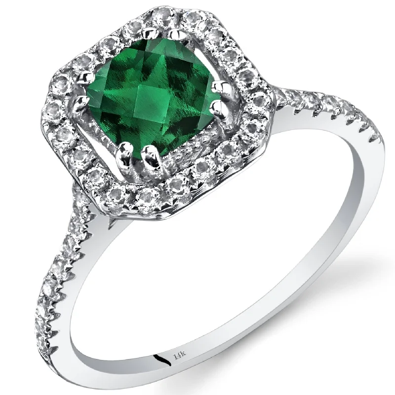 Etched gemstone rings with stone detail finger flair -14k White Gold 1.13ct Created Emerald and White Topaz Ring