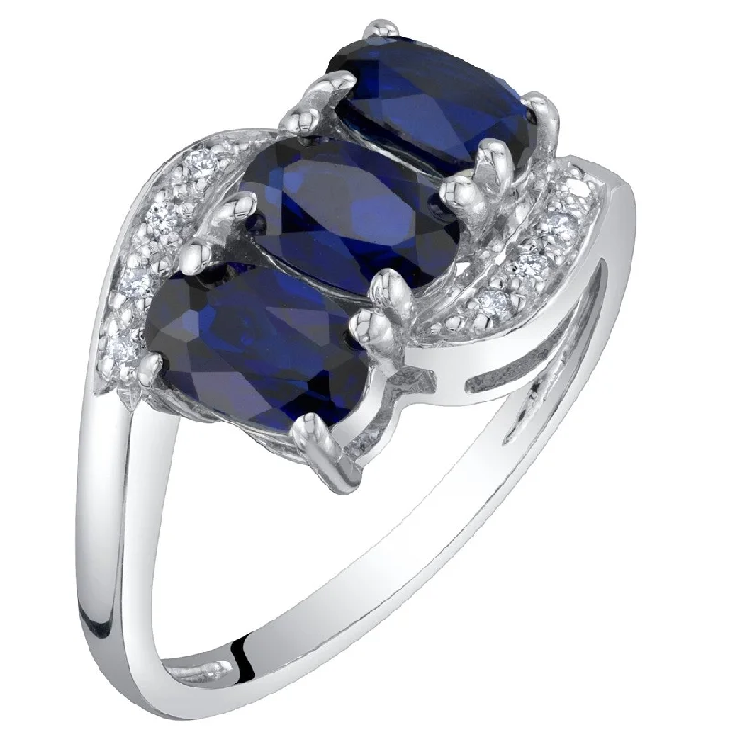 Rustic gemstone rings with textured stone bands -14k White Gold 1.54ct Created Blue Sapphire and Diamond Ring