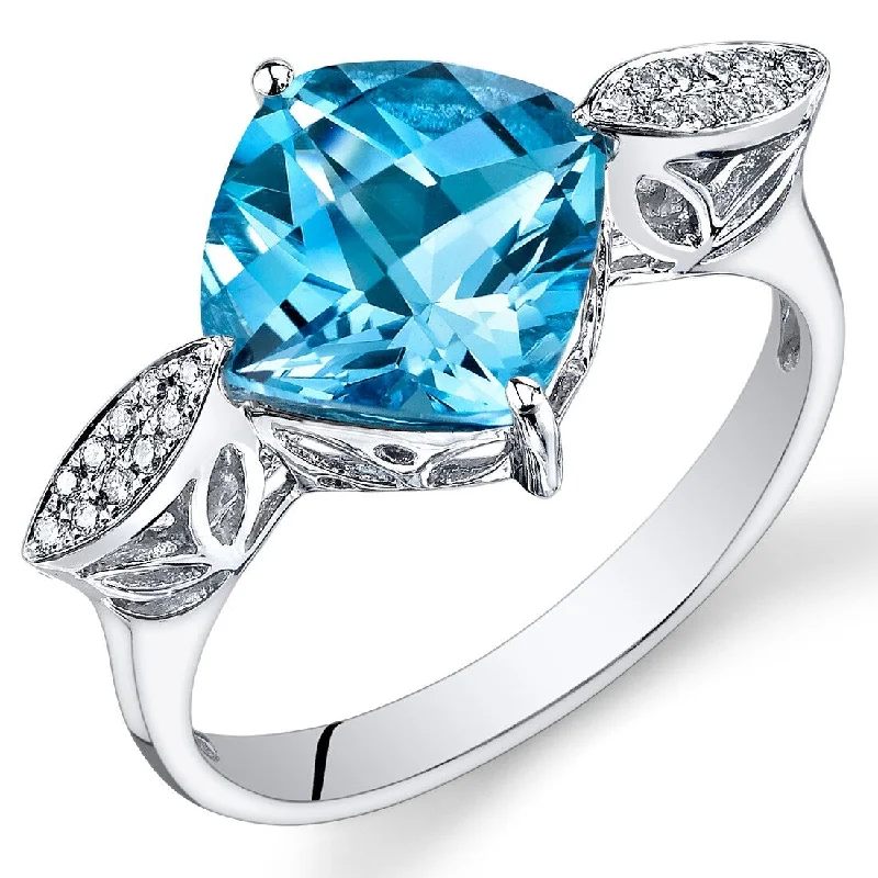 Chunky gemstone rings for striking finger statements -14k White Gold 3.5ct Swiss Blue Topaz and Diamond Ring