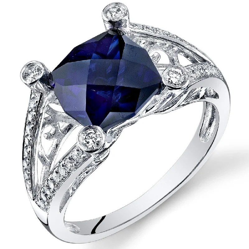 Matte gemstone rings with subtle stone finish -14k White Gold 3.9ct Created Blue Sapphire and Diamond Ring