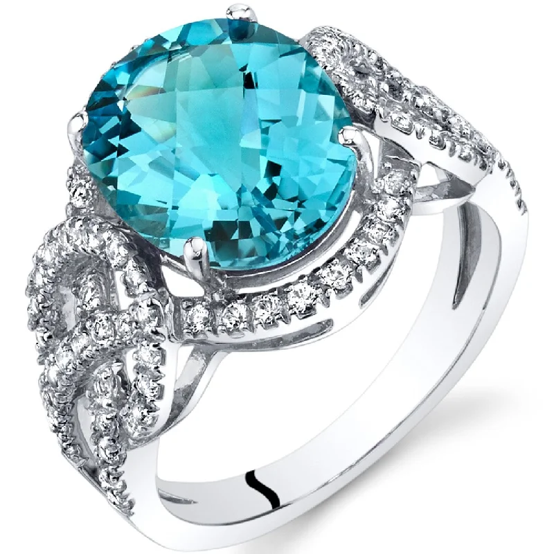 Sleek gemstone rings with floating stone band settings -14k White Gold 4.72ct Swiss Blue Topaz and White Topaz Ring