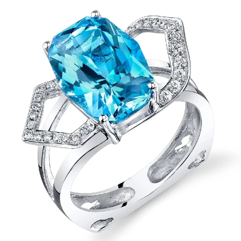 Gemstone rings featuring smoky quartz for earthy depth -14k White Gold 6.4ct Swiss Blue Topaz and Diamond Ring