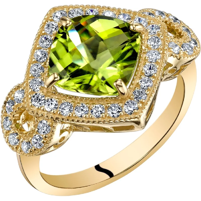 Brushed gemstone rings with rough stone band texture -14k Yellow Gold 2.88ct Peridot and Cubic Zirconia Ring