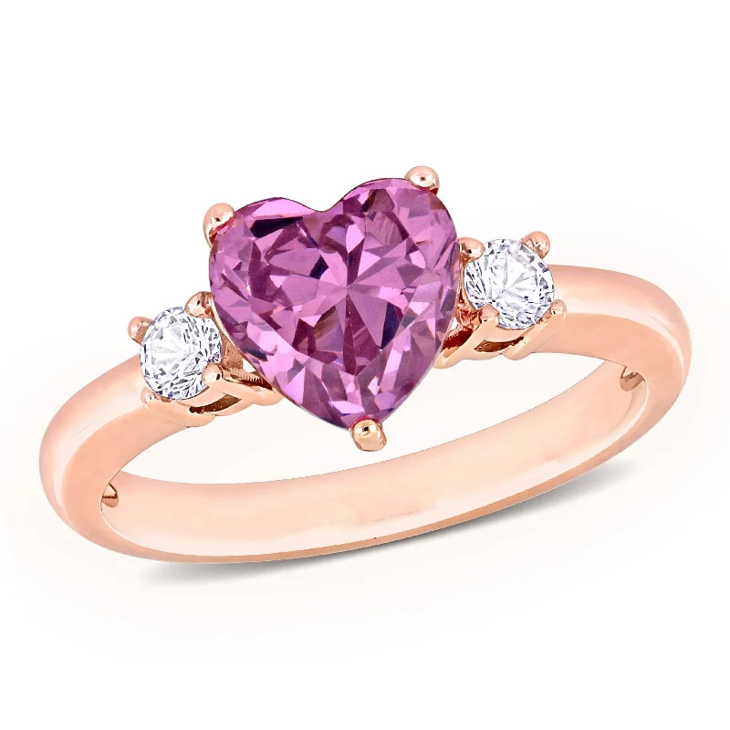 Colorful gemstone rings with mixed stone vibrancy -Miadora 2 1/3ct TGW Created White and Pink Sapphire Heart 3-Stone Ring in Rose Plated Sterling Silver