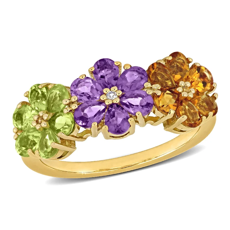 Gemstone rings featuring kyanite for rare blue shine -Miadora 2 3/4ct TGW Amethyst Citrine Peridot White Sapphire Floral Ring in Yellow Silver