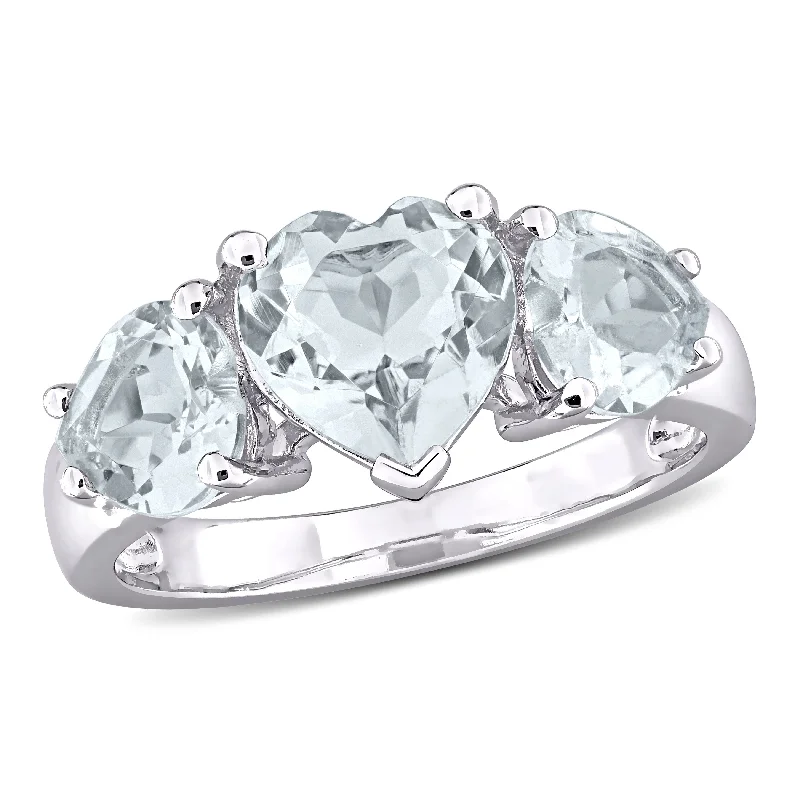 Geometric gemstone rings with sharp stone patterns -Miadora 2 4/5ct TGW Aquamarine 3-Stone Heart Ring in Sterling Silver