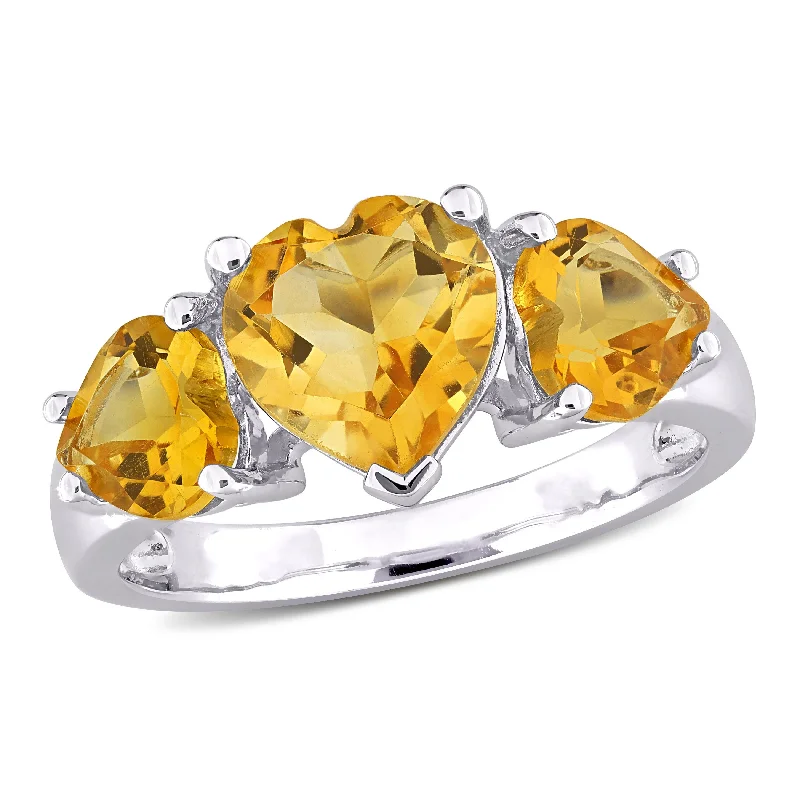 Gemstone rings featuring sunstone for warm stone radiance -Miadora 3 1/10ct TGW Citrine 3-Stone Heart Ring in Sterling Silver