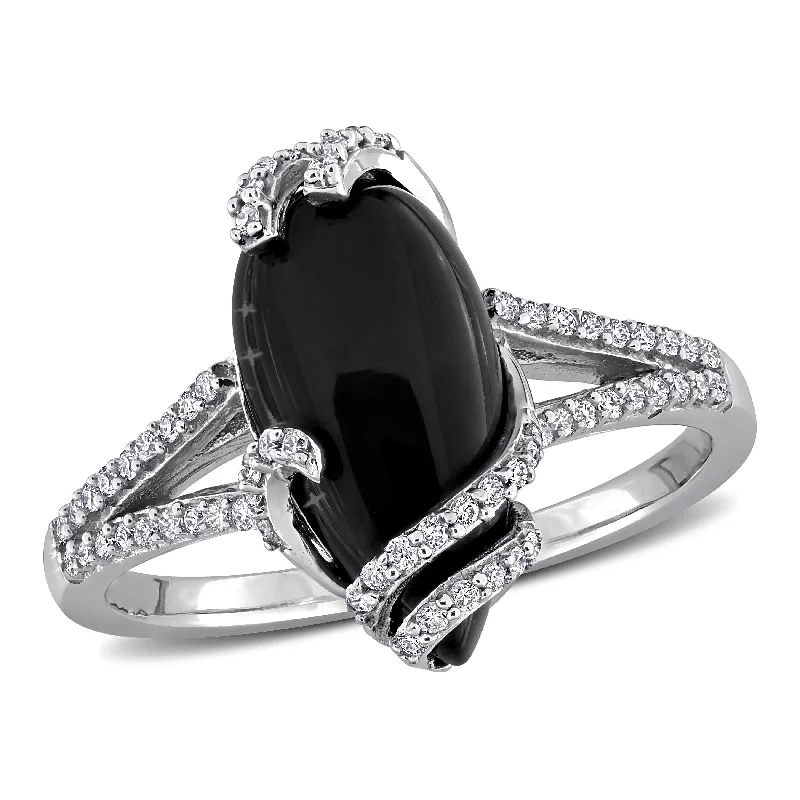 Oversized gemstone rings designed for bold finger impact -Miadora 3 1/2ct TGW Pear-Cut Black Onyx and 1/5ct TDW Diamond Swirl Ring in 10k White Gold