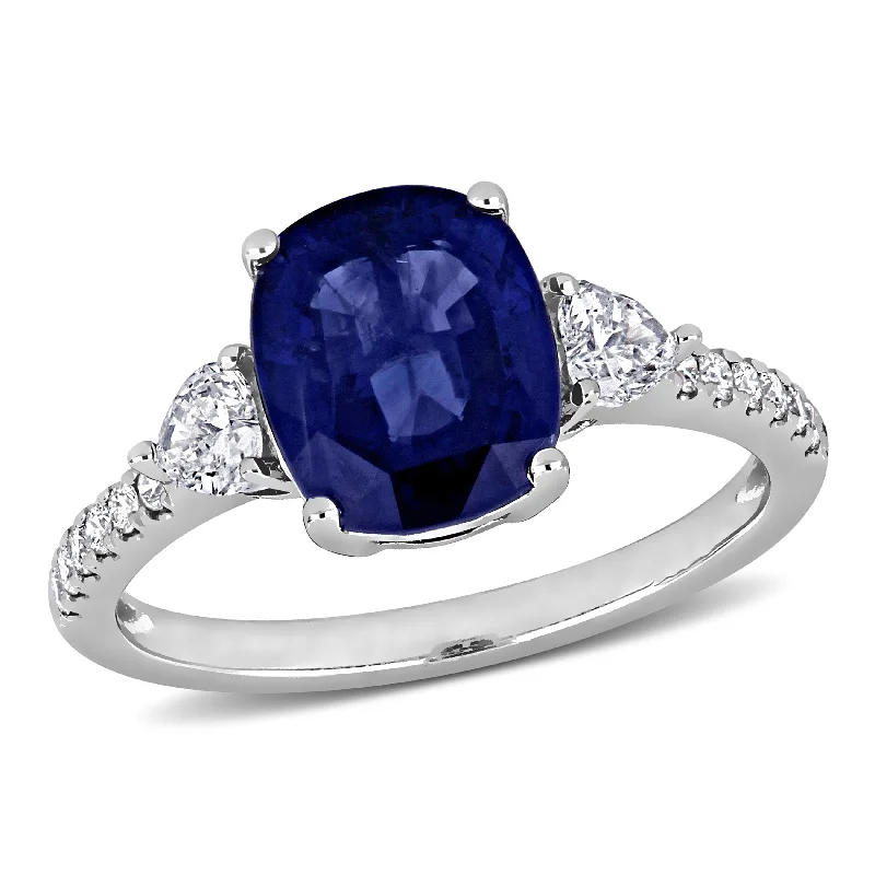 Gemstone rings with white gold for sleek shine -Miadora 3 1/5ct TGW Sapphire and 3/5ct TW Diamond 3-Stone Engagement Ring in 14K White Gold