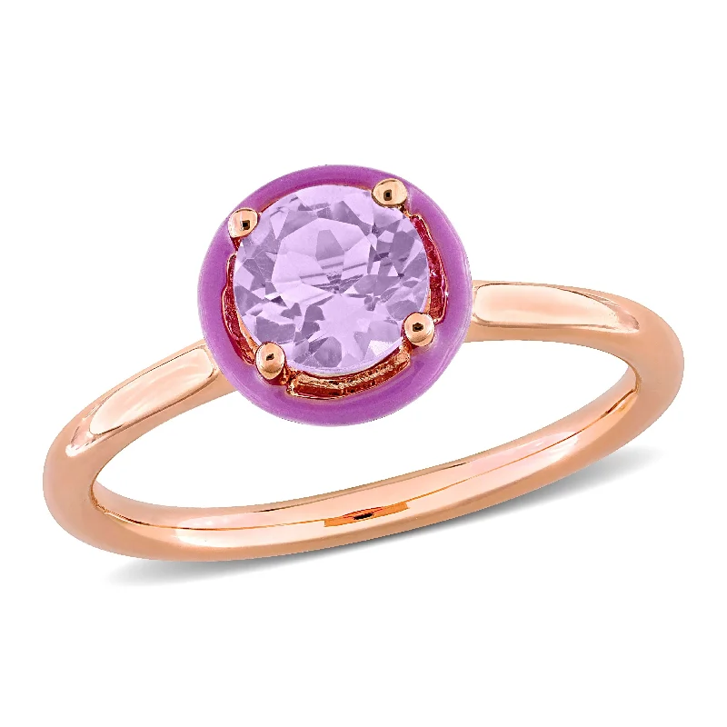 Raw gemstone rings with natural stone finger appeal -Miadora 5/8ct TGW Amethyst Purple Enamel Halo Solitaire Ring in Rose Plated Sterling Silver