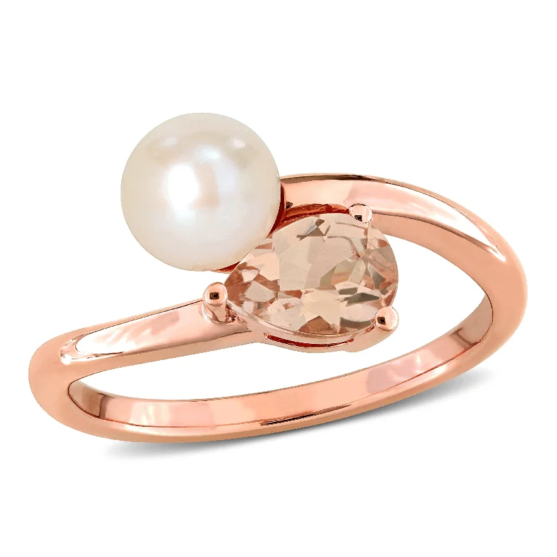 Gemstone rings inspired by stars with stone glow -Miadora 6-6.5mm Cultured Freshwater Pearl and 3/4ct TGW Pear-Cut Morganite 2-Stone Ring in 10k Rose Gold