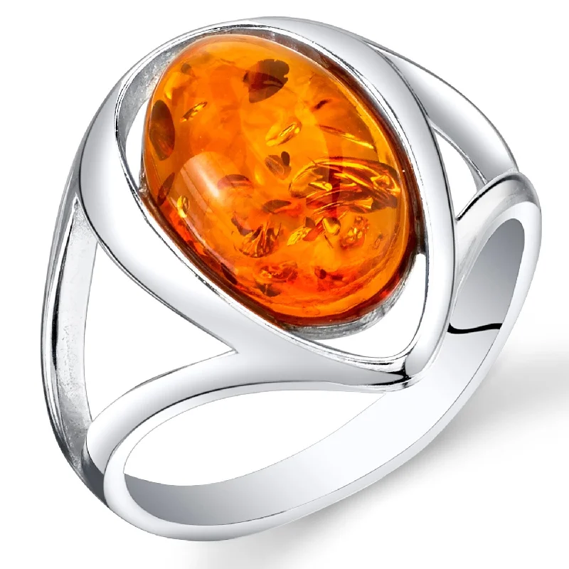 Gemstone rings featuring topaz for bright blue glow -Oval Shape Amber Ring in Sterling Silver