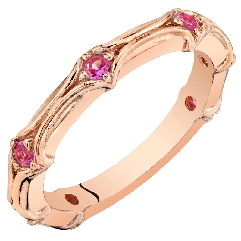 Brushed gemstone rings with rough stone band texture -Rose Tone Created Pink Sapphire Contoured Stackable Ring