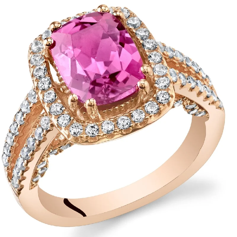 Drop gemstone rings with long stone finger elegance -Rose Tone Sterling Silver 2.75 ct Created Pink Sapphire Halo Ring