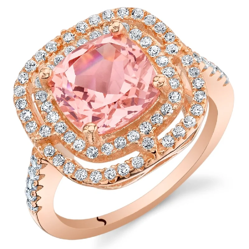 Retro gemstone rings featuring classic stone band designs -Rose Tone Sterling Silver 3.75 ct Created Morganite Halo Ring