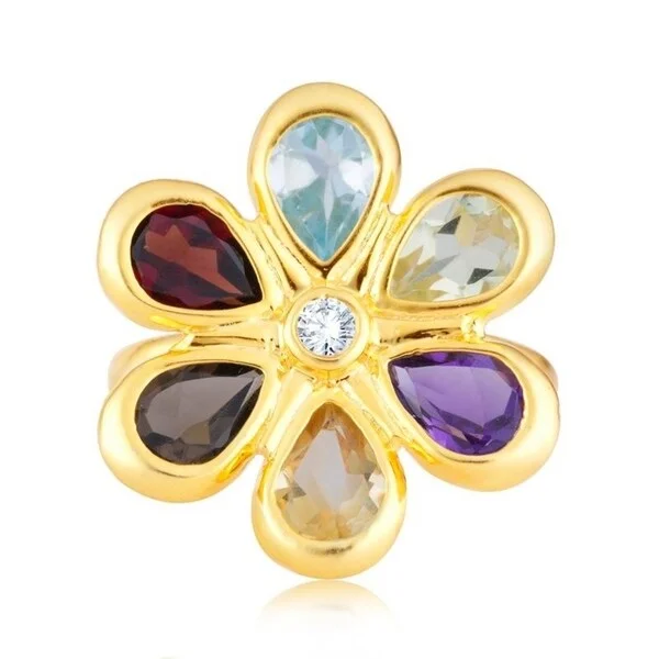 Boho gemstone rings with turquoise for earthy style -SS with Natural Multi Gemstone & White Topaz Flower Ring