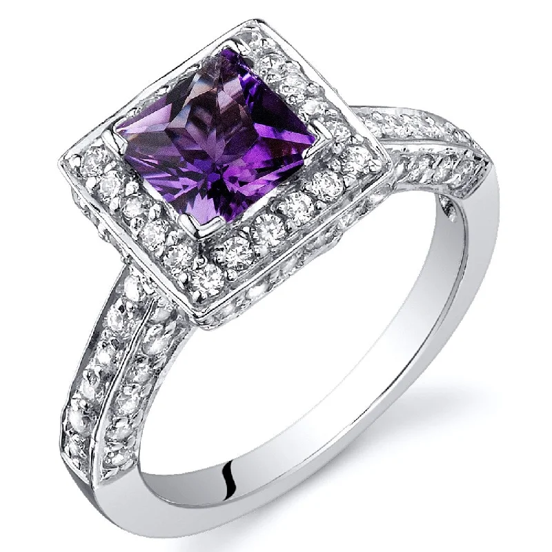 Gemstone rings perfect for stacking with slim bands -Sterling Silver 0.75 ct Amethyst Halo Ring