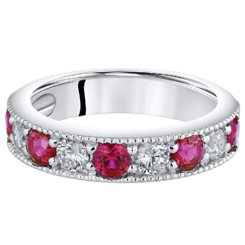 Sleek gemstone rings with floating stone band settings -Sterling Silver 0.75 ct Created Ruby Stackable Ring