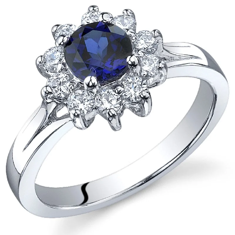 Etched gemstone rings with stone detail finger flair -Sterling Silver 0.75 ct Created Sapphire Floral Ring