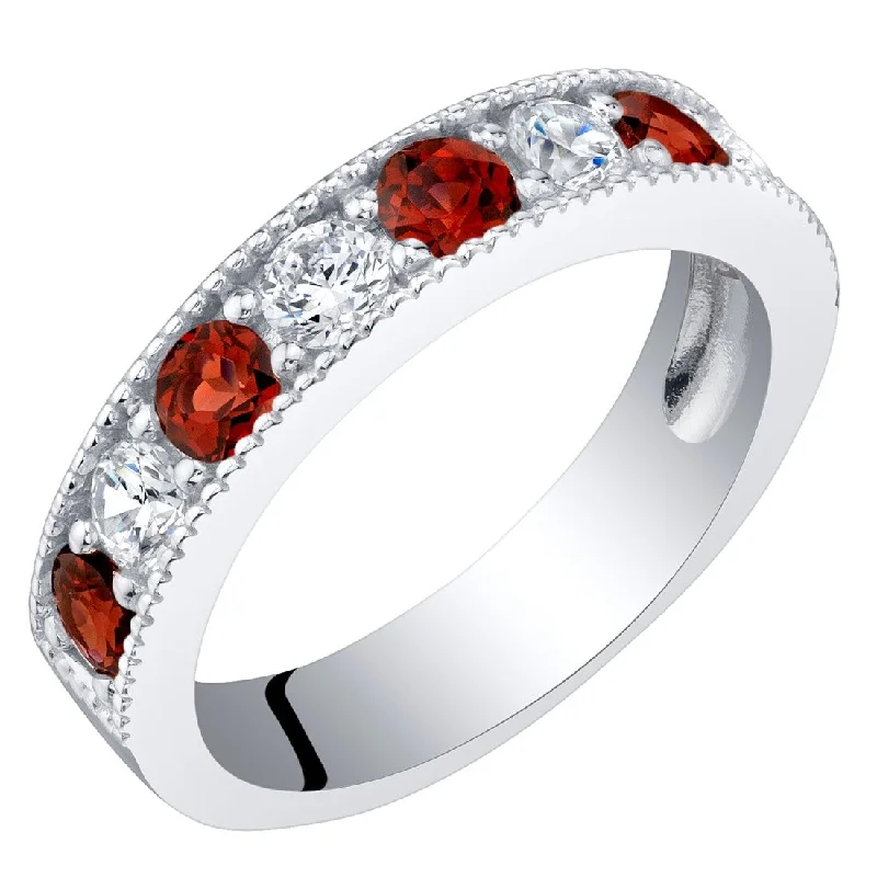 Brushed gemstone rings with rough stone band texture -Sterling Silver 0.75 ct Garnet Stackable Ring