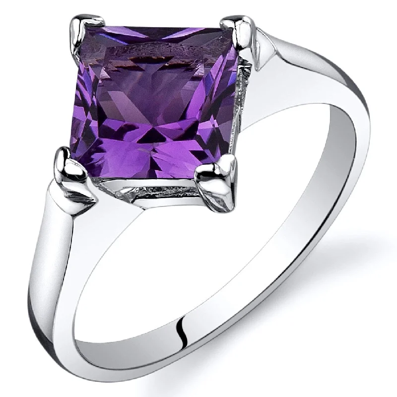 Brushed gemstone rings with rough stone band texture -Sterling Silver 1.5 ct Amethyst Solitaire Ring