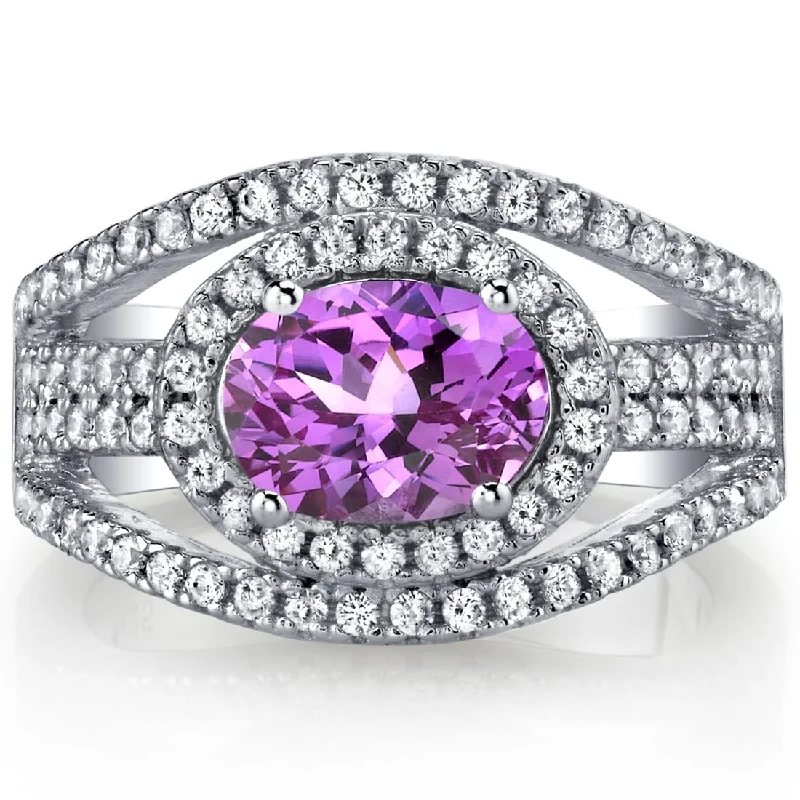 Gemstone rings perfect for stacking with slim bands -Sterling Silver 1.75 ct Created Pink Sapphire Halo Ring