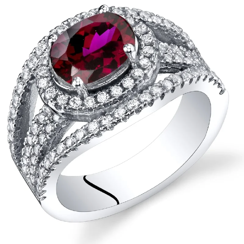 Silver gemstone rings offering budget stone sparkle -Sterling Silver 1.75 ct Created Ruby Halo Ring