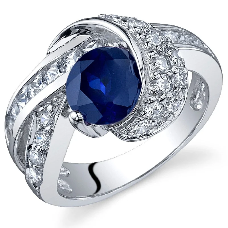 Rustic gemstone rings with textured stone bands -Sterling Silver 1.75 ct Created Sapphire Birthstone Ring