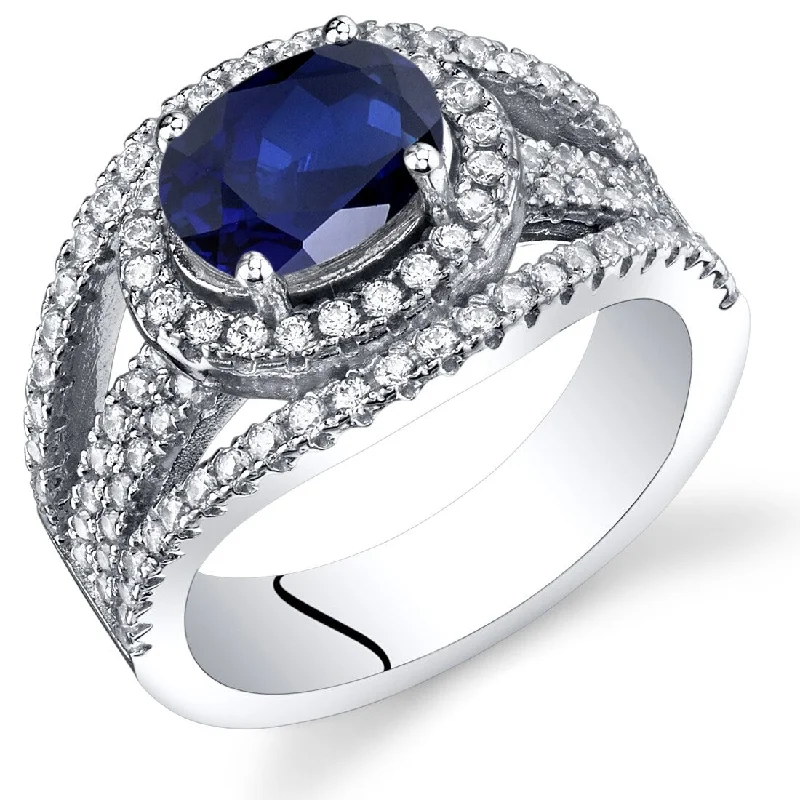 Personalized gemstone rings with custom-selected stone accents -Sterling Silver 1.75 ct Created Sapphire Halo Ring