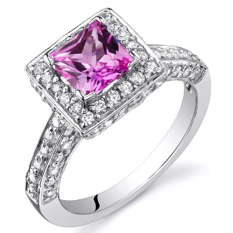 Tribal gemstone rings with ethnic stone band flair -Sterling Silver 1 ct Created Pink Sapphire Halo Ring