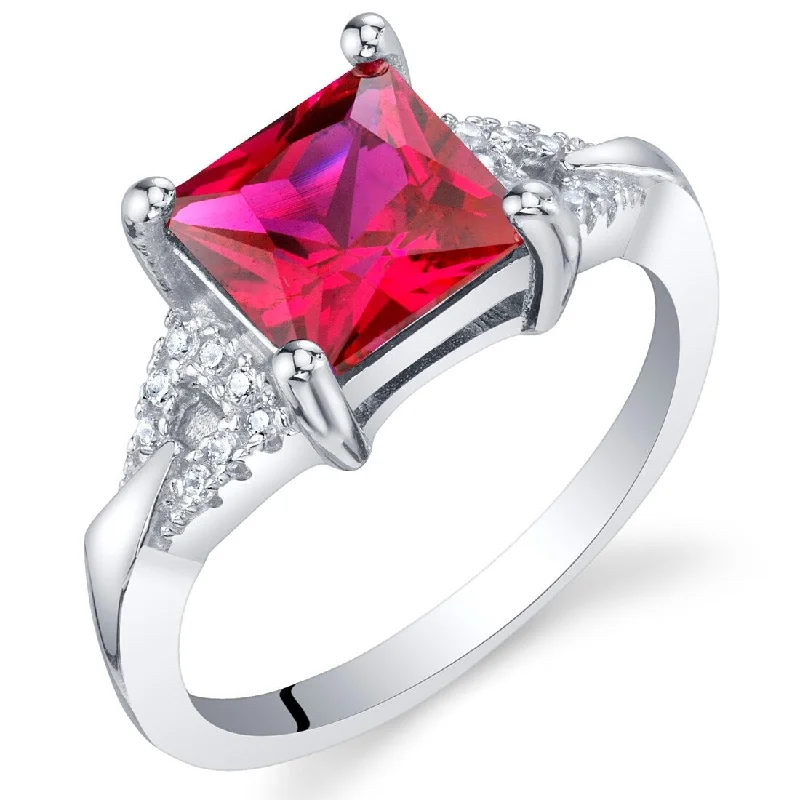 Etched gemstone rings with stone detail finger flair -Sterling Silver 2 ct Created Ruby Birthstone Ring