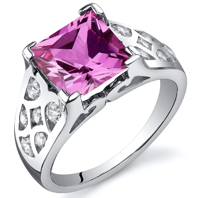 Modern gemstone rings with trendy stone designs -Sterling Silver 3.25 ct Created Pink Sapphire Birthstone Ring