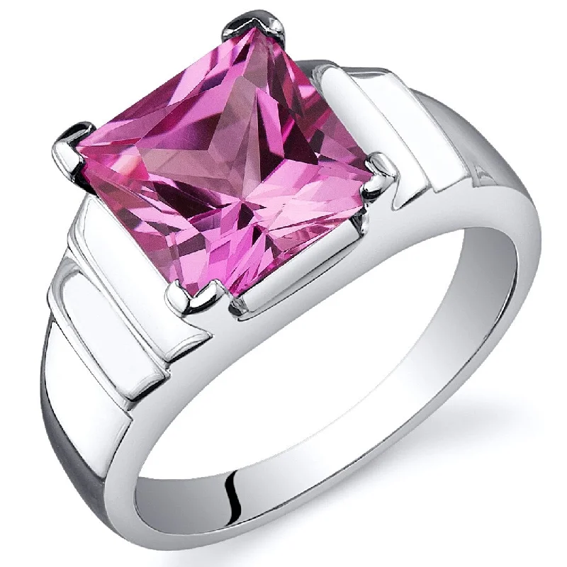 Gothic gemstone rings with dark stone finger vibes -Sterling Silver 3.25 ct Created Pink Sapphire Solitaire Ring