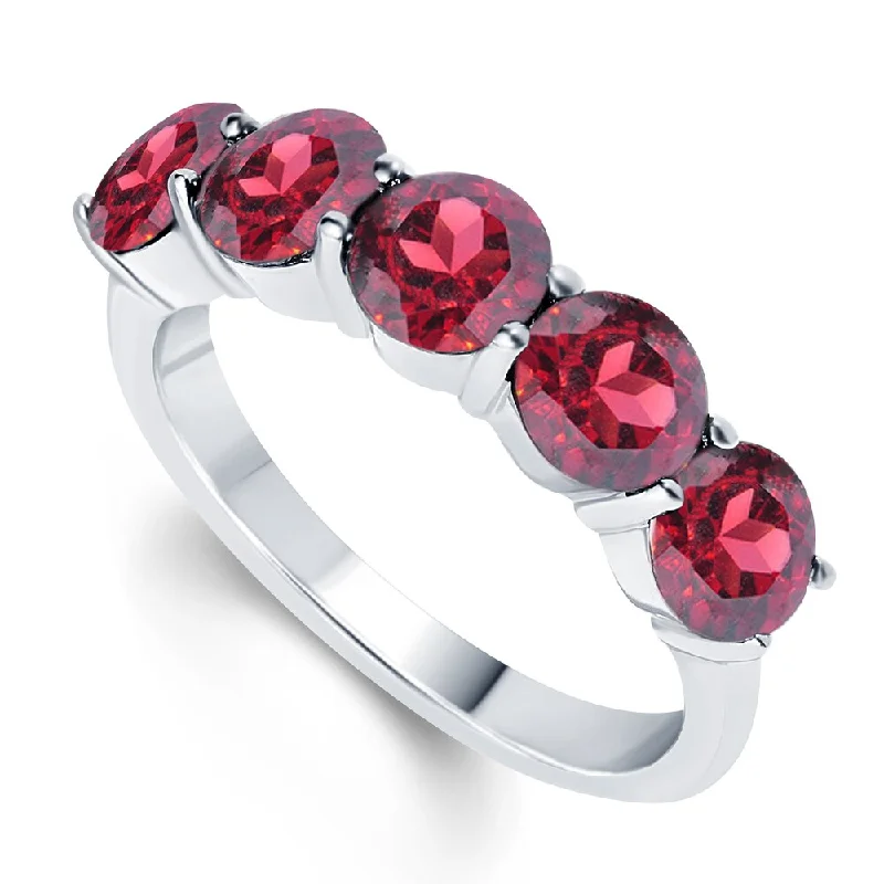 Stackable gemstone rings perfect for finger layering flair -Sterling Silver 3.25ct Round Garnet Five stone Ring