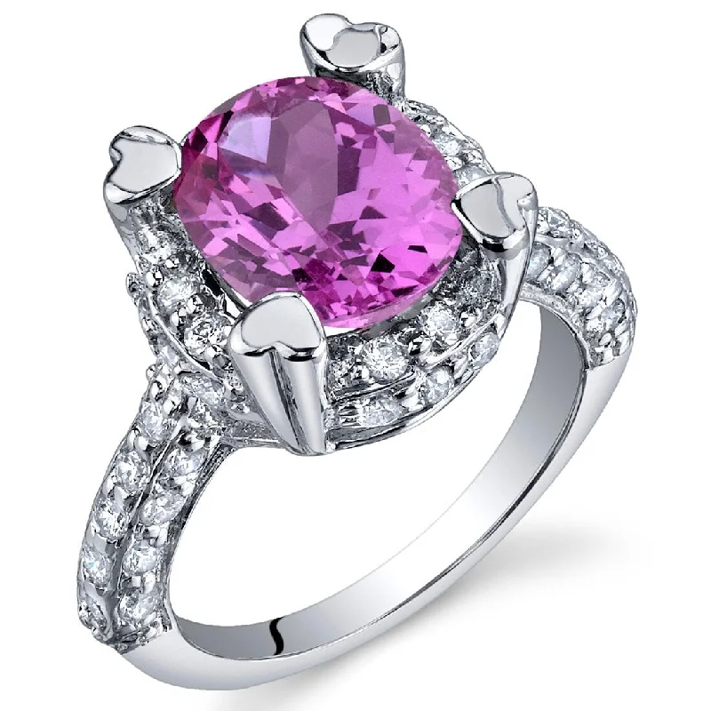 Gemstone rings with pave stones for extra sparkle -Sterling Silver 3.5 ct Created Pink Sapphire Birthstone Ring