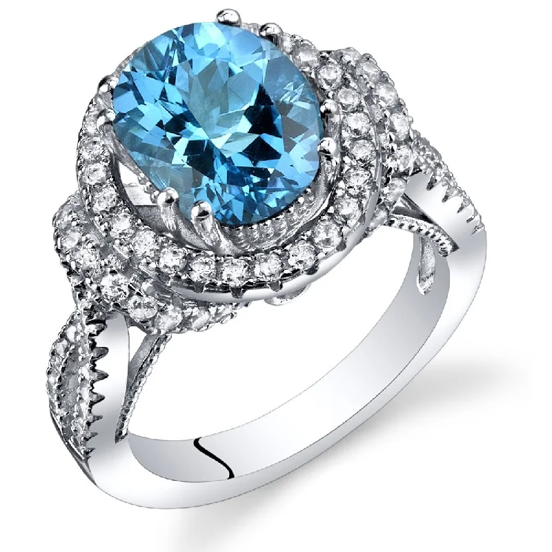 Gemstone rings with pave stones for extra sparkle -Sterling Silver 3 ct Swiss Blue Topaz Birthstone Ring