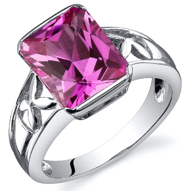 Gemstone rings featuring agate for banded stone charm -Sterling Silver 4 ct Created Pink Sapphire Solitaire Ring