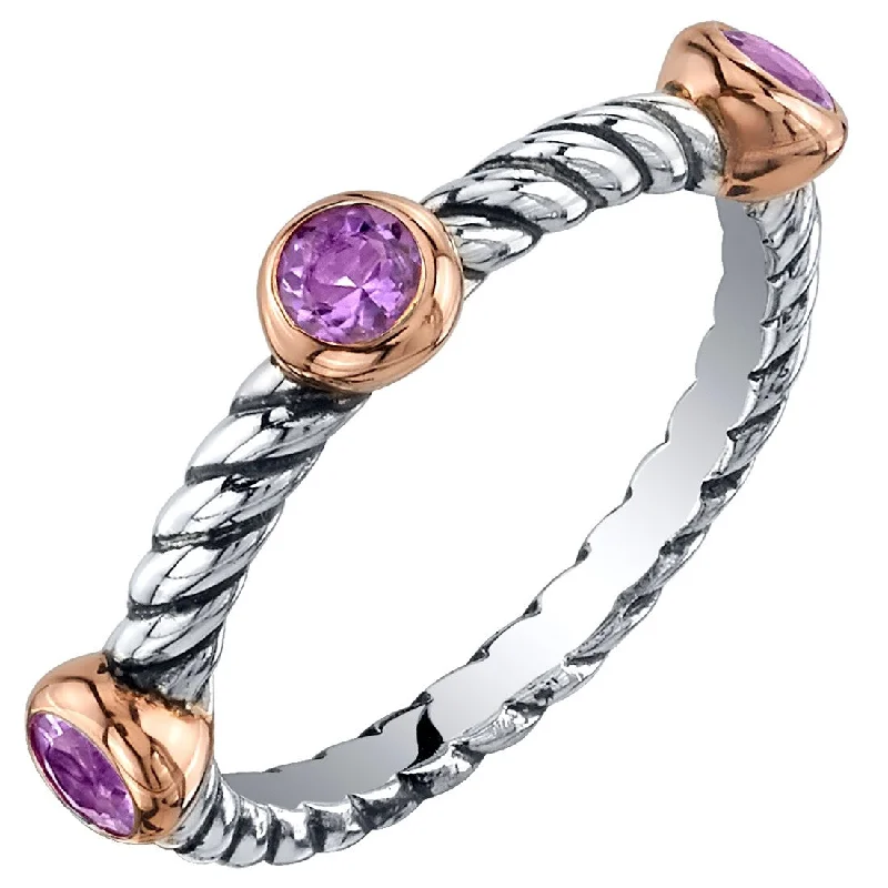 Gemstone rings featuring raw diamonds for wild beauty -Sterling Silver Amethyst 3-Stone Cable Rope Stackable Ring