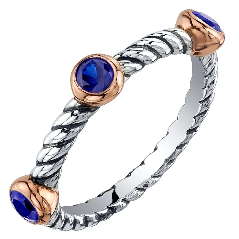 Gemstone rings perfect for teens with bold stones -Sterling Silver Created Blue Sapphire 3-Stone Cable Rope Stackable Ring