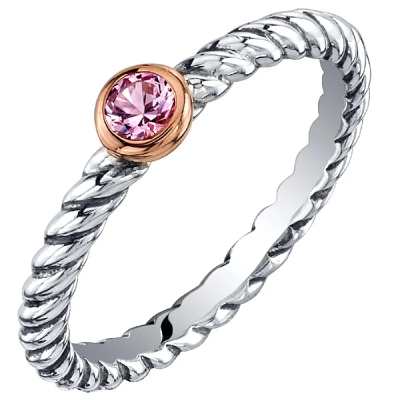 Quirky gemstone rings with offbeat stone designs -Sterling Silver Created Pink Sapphire Cable Rope Stackable Ring