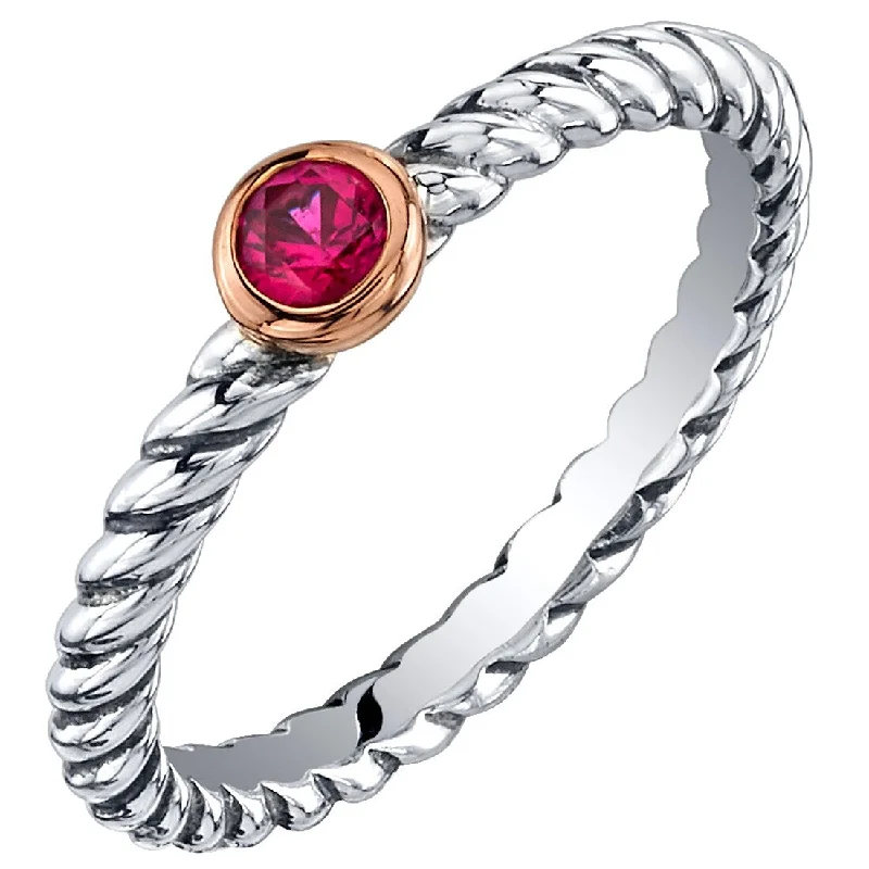 Gemstone rings featuring topaz for bright blue glow -Sterling Silver Created Ruby Cable Rope Stackable Ring