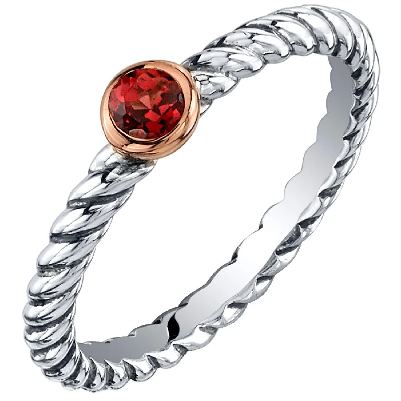 Gemstone rings featuring agate for banded stone charm -Sterling Silver Garnet Cable Rope Stackable Ring