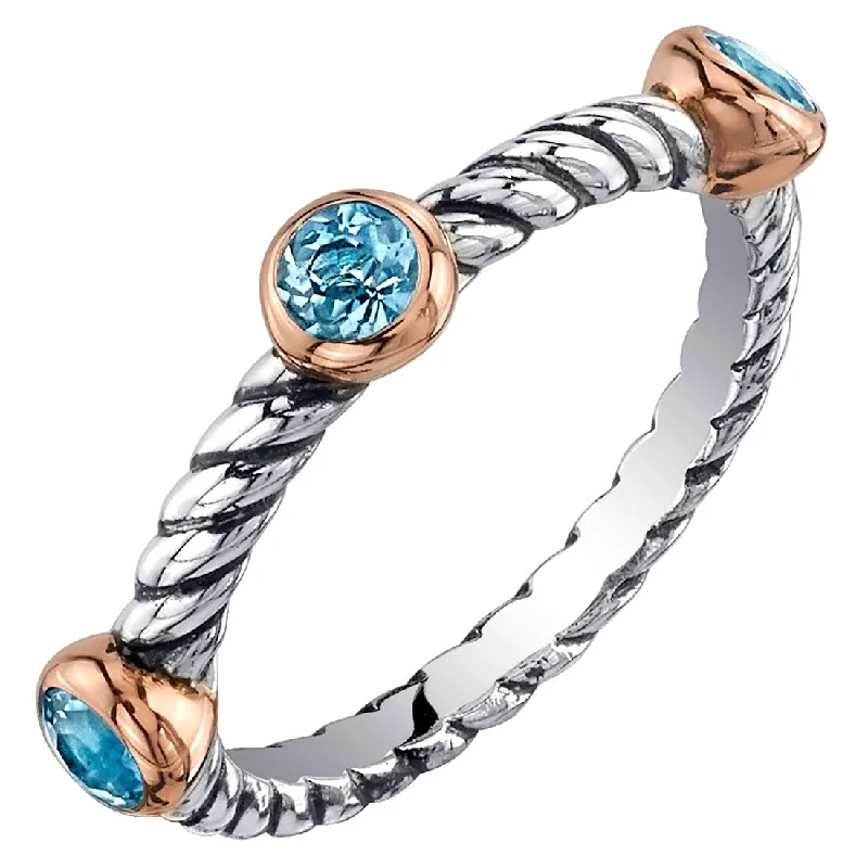 Birthstone gemstone rings with personal stone selections -Sterling Silver London Blue Topaz 3-Stone Cable Rope Stackable Ring