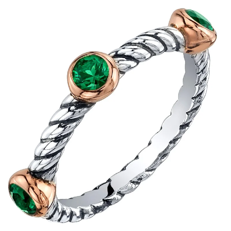 Gemstone rings with retro stone settings for charm -Sterling Silver Simulated Emerald 3-Stone Cable Rope Stackable Ring