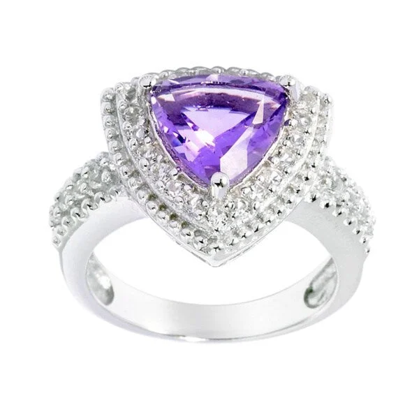 Gold gemstone rings adding bright shine to fingers -Sterling Silver Trillion-cut Amethyst White Topaz Halo Ring