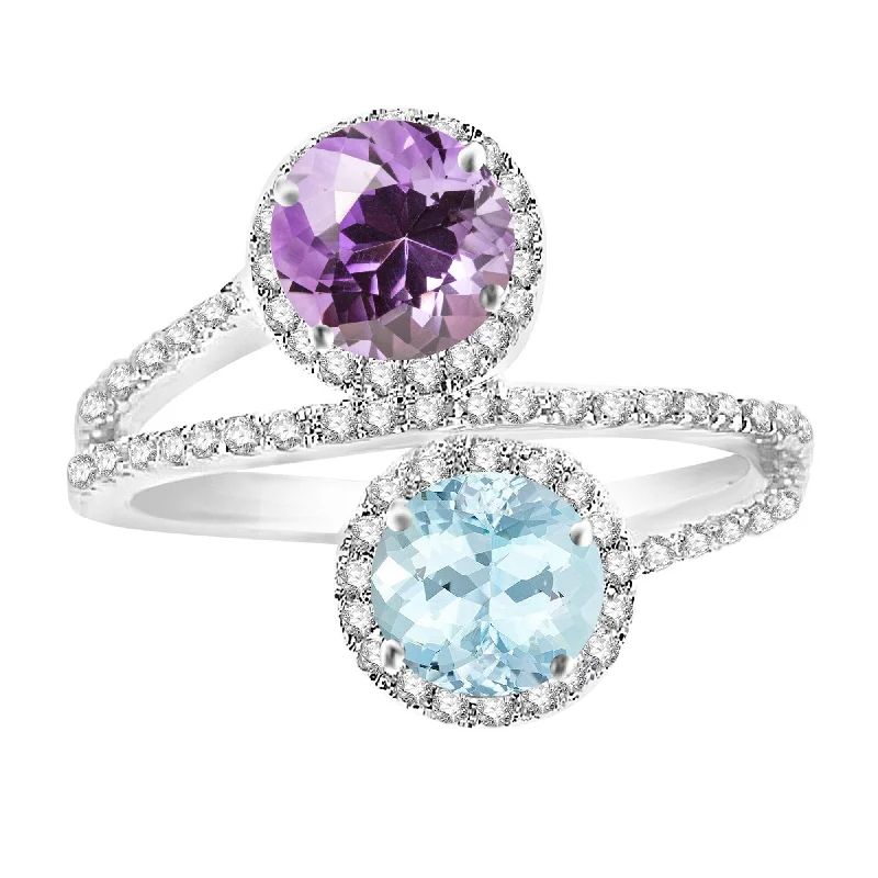 Modern gemstone rings with trendy stone designs -Sterling Silver with Aquamarine, Amethyst and White Topaz Bypass Ring