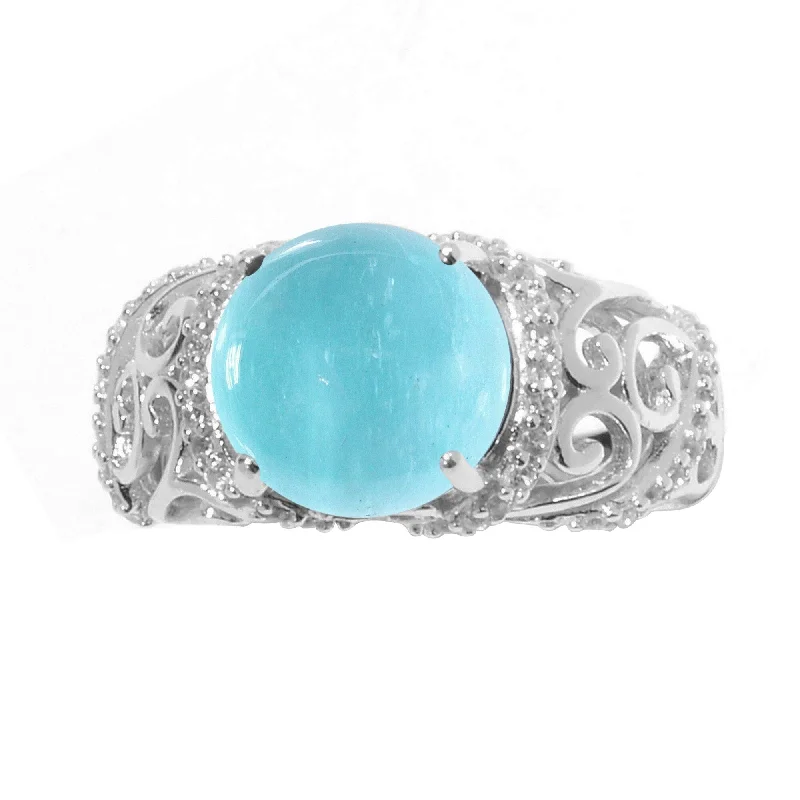 Bold gemstone rings with striking stone cut shapes -Sterling Silver with Cabochon Aquamarine, White Zircon Scrollwork Ring