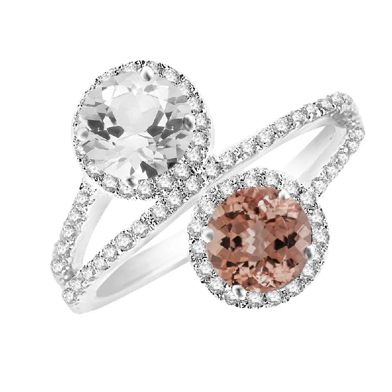 Simple gemstone rings ideal for everyday finger charm -Sterling Silver with Morganite and Natural White Topaz Bypass Halo Ring