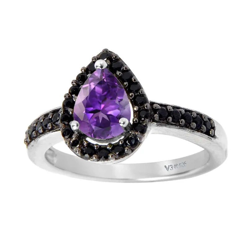 Gemstone rings perfect for stacking with slim bands -Sterling Silver with Natural Amethyst and Black Spinel Halo Ring