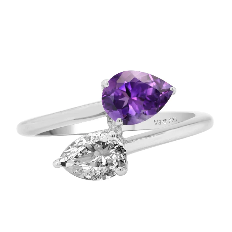 Gemstone rings featuring hematite for dark stone glow -Sterling Silver with Natural Amethyst and White Topaz Bypass Ring